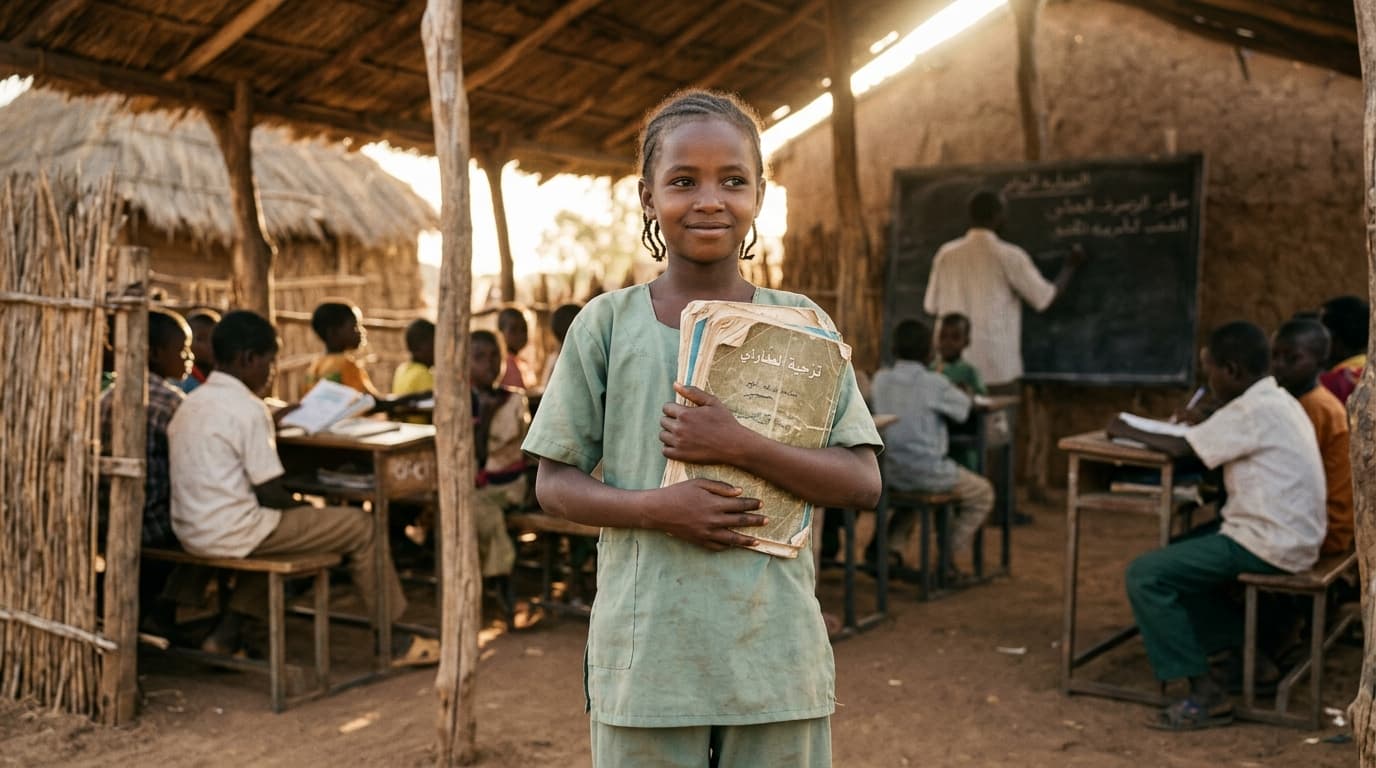 Resilient Sudanese schoolgirl holding books in open-air classroom